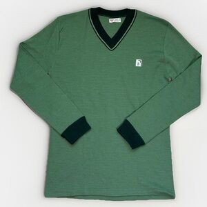 Italian Vintage 79s 80s Green V-Neck Long Sleeve Shirt with Dark Trim